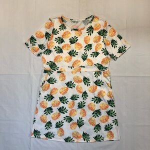 Women’s Short Sleeve Side Pockets Pullover Stretch Pineapple Theme White Dress L